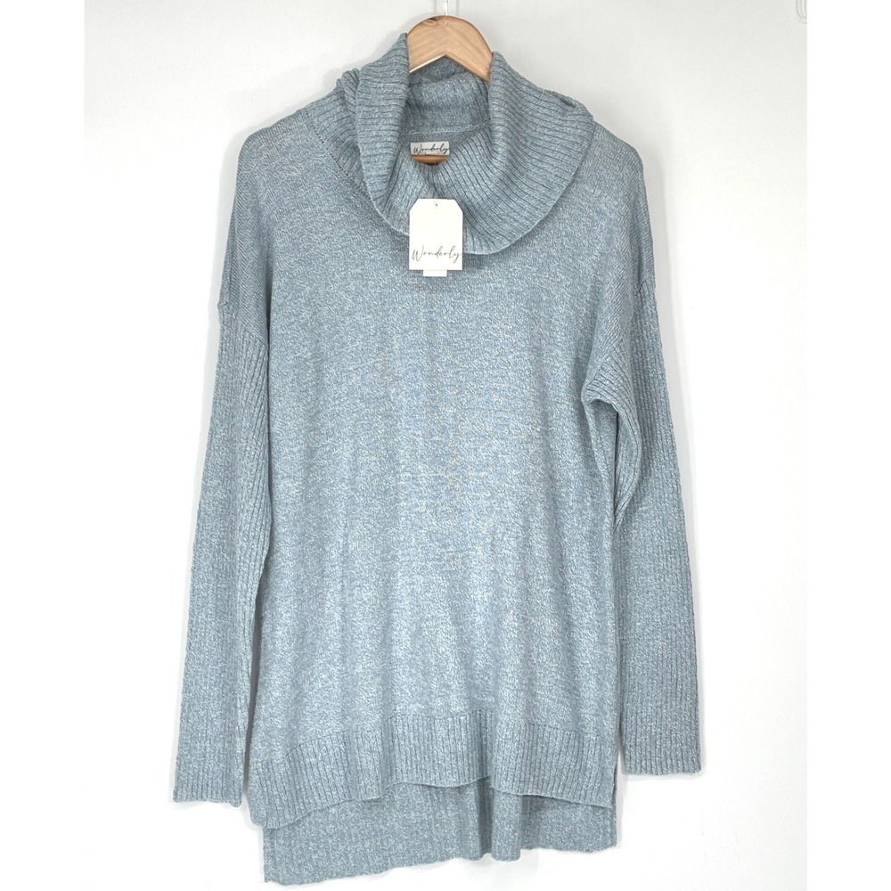 NWT Wonderly Women Sweater L Pullover Blue Marled Cowl Neck High Low Hem